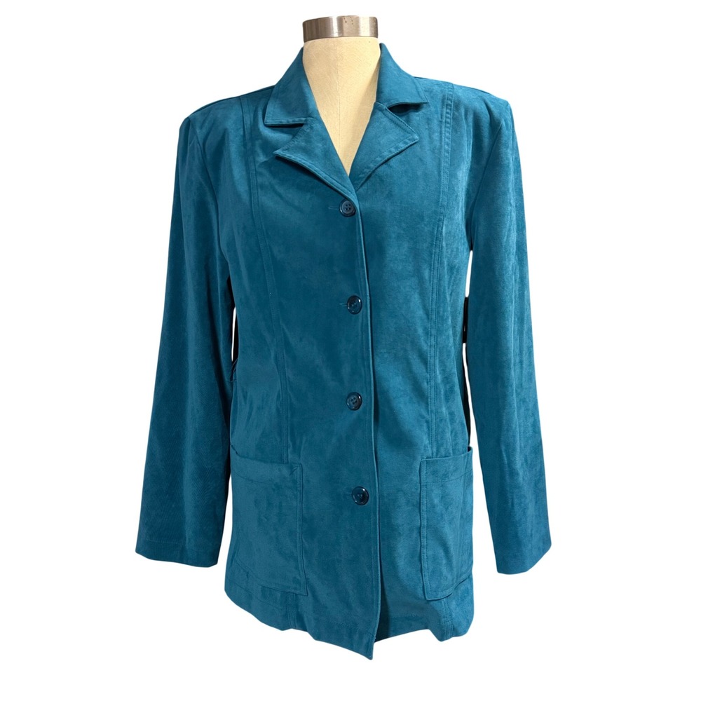 VTG Briggs M Teal Blue Faux Suede Button Front Blazer Jacket Maximalist Emerald